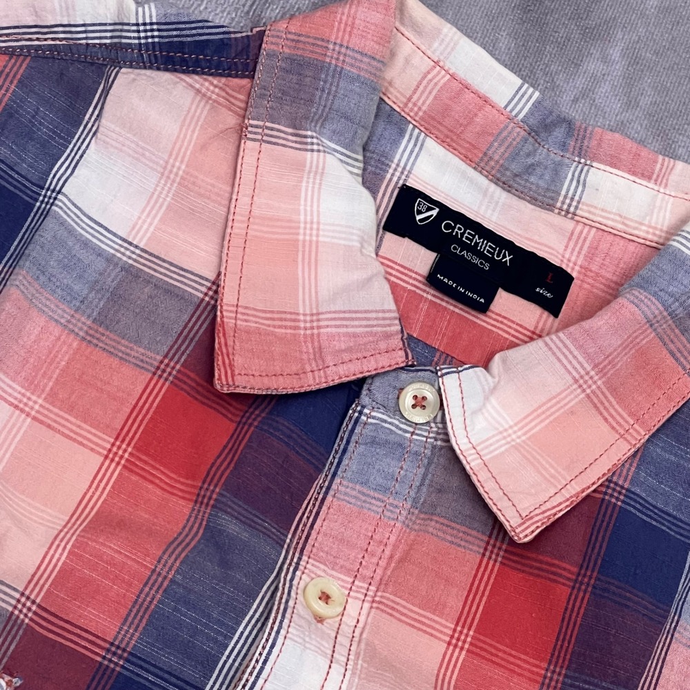 Cremieux Classics Shirt Mens Large Red Blue Plaid Short Sleeve Cotton Excellent